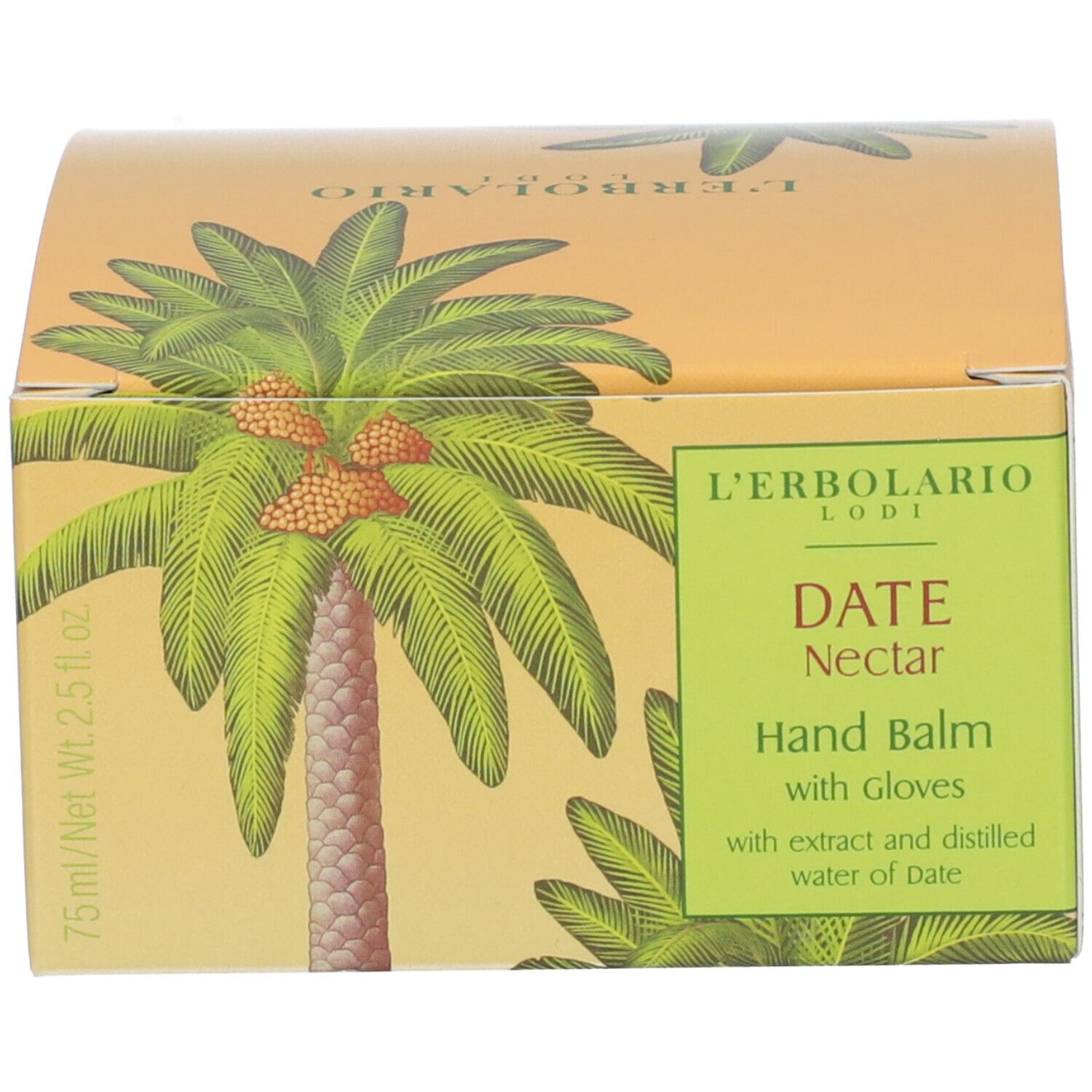 L'Erbolario "Date Nectar" Hand Balm 75ml con guanti, estratto e acqua distillata di dattero.