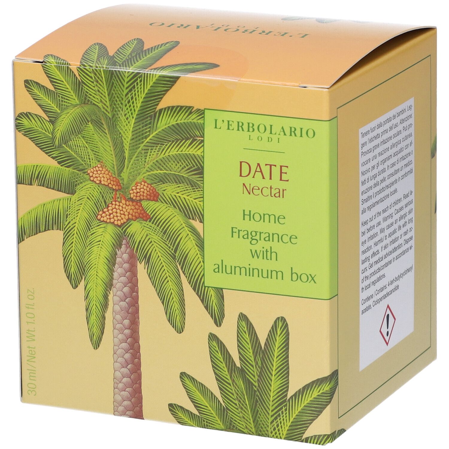 L'Erbolario Date Nectar Home Fragrance in scatola gialla con palme.