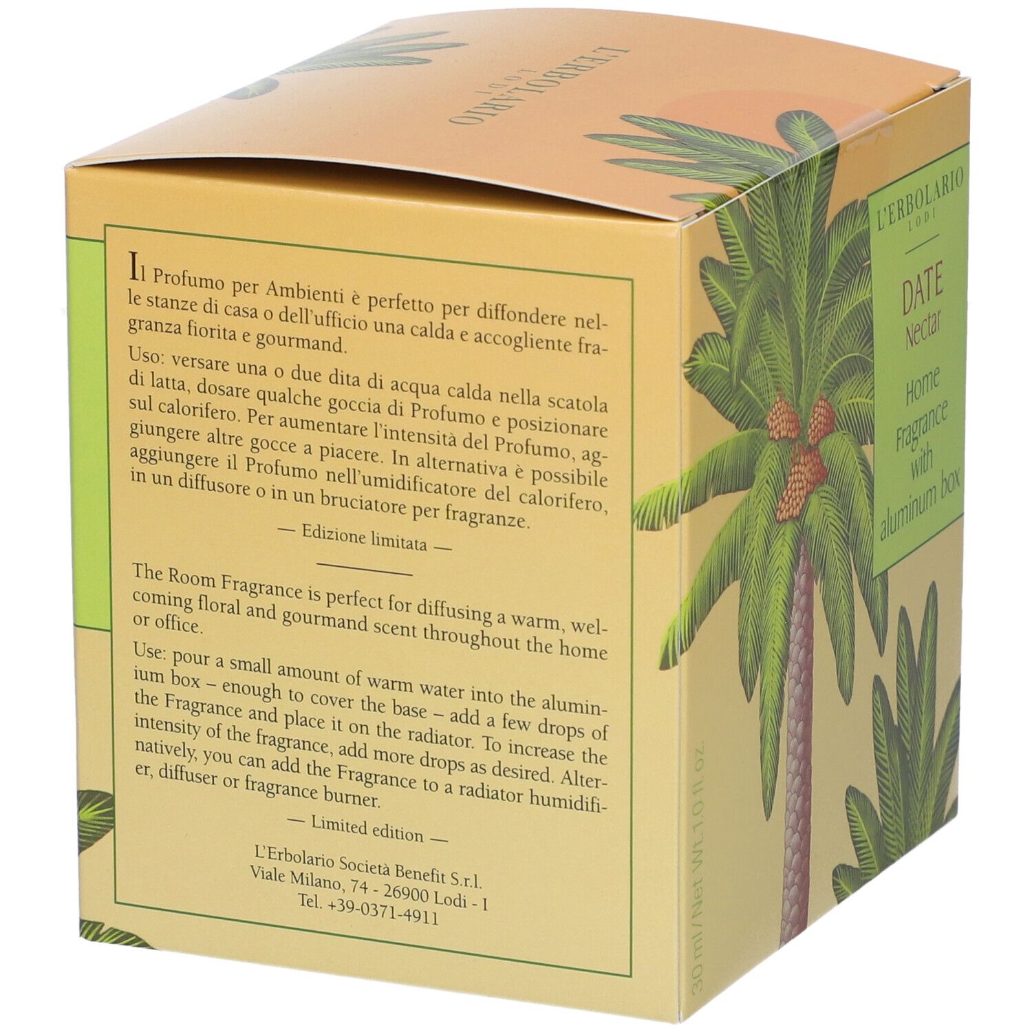 L'Erbolario Date Nectar Home Fragrance in scatola gialla con palme e testo.