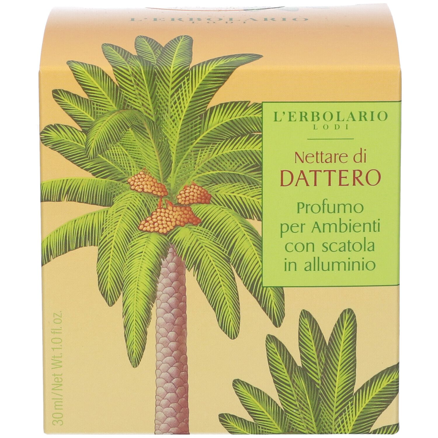 Confezione L'Erbolario Lodi Nettare di Dattero Profumo con motivo a palma.