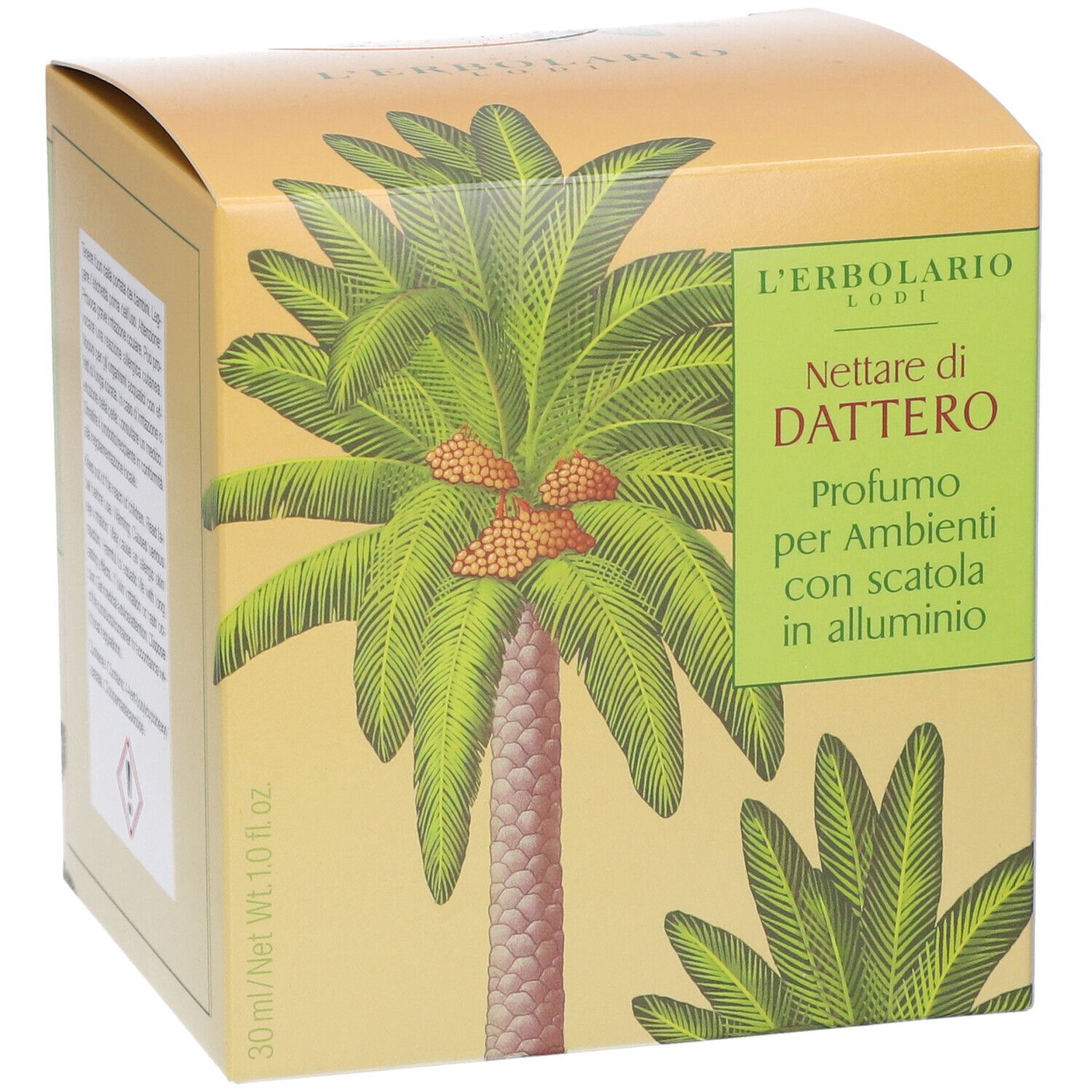 Confezione gialla con motivo a palma, 30ml.