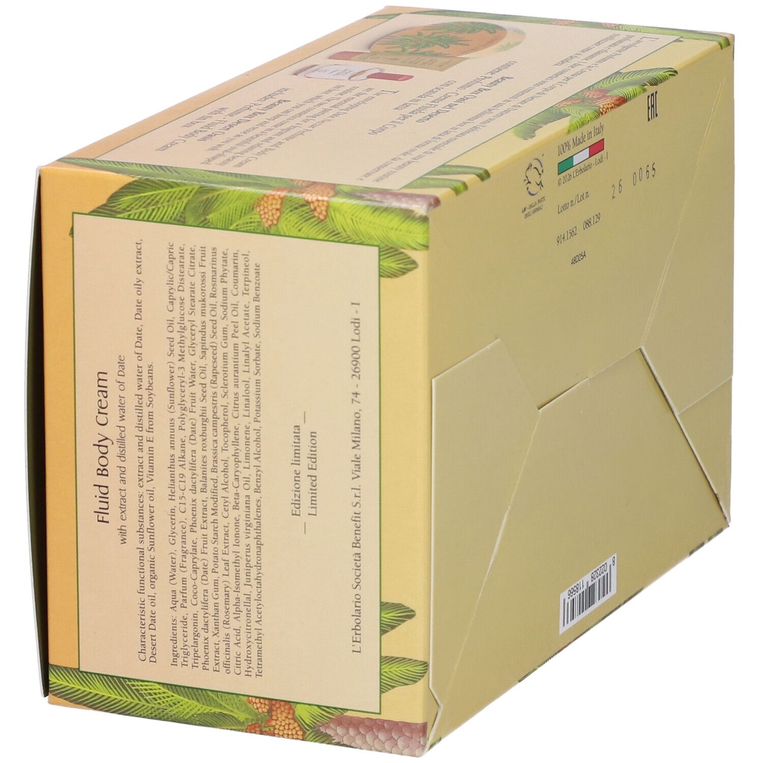 Confezione L'Erbolario Fluid Body Cream con motivo a palma e elenco ingredienti.