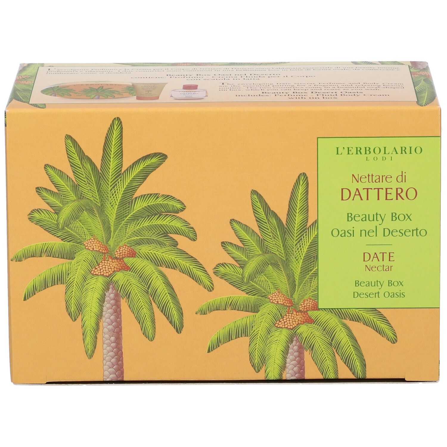 Confezione profumo L'Erbolario Nettare di Dattero Profumo con palme.