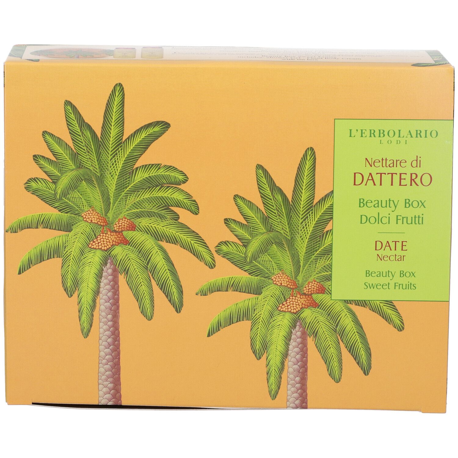 Beauty Box L'Erbolario con motivo di palme. Contiene "Nettare di Dattero".