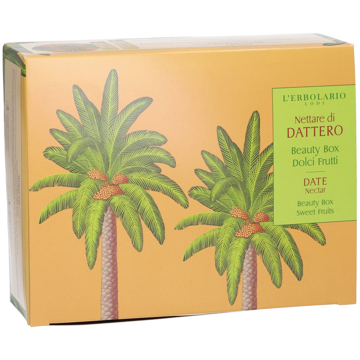 Beauty Box L'Erbolario Nettare di Dattero con illustrazione di palma e scritta "Sweet Fruits".