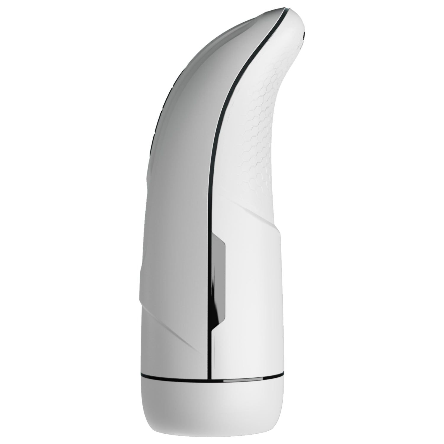 Vista laterale di un masturbatore bianco dal design ergonomico con accenti neri.