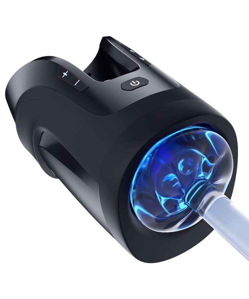 Dispositivo nero con interno blu e inserto bianco. Pulsanti di controllo e interruttore on/off visibili.