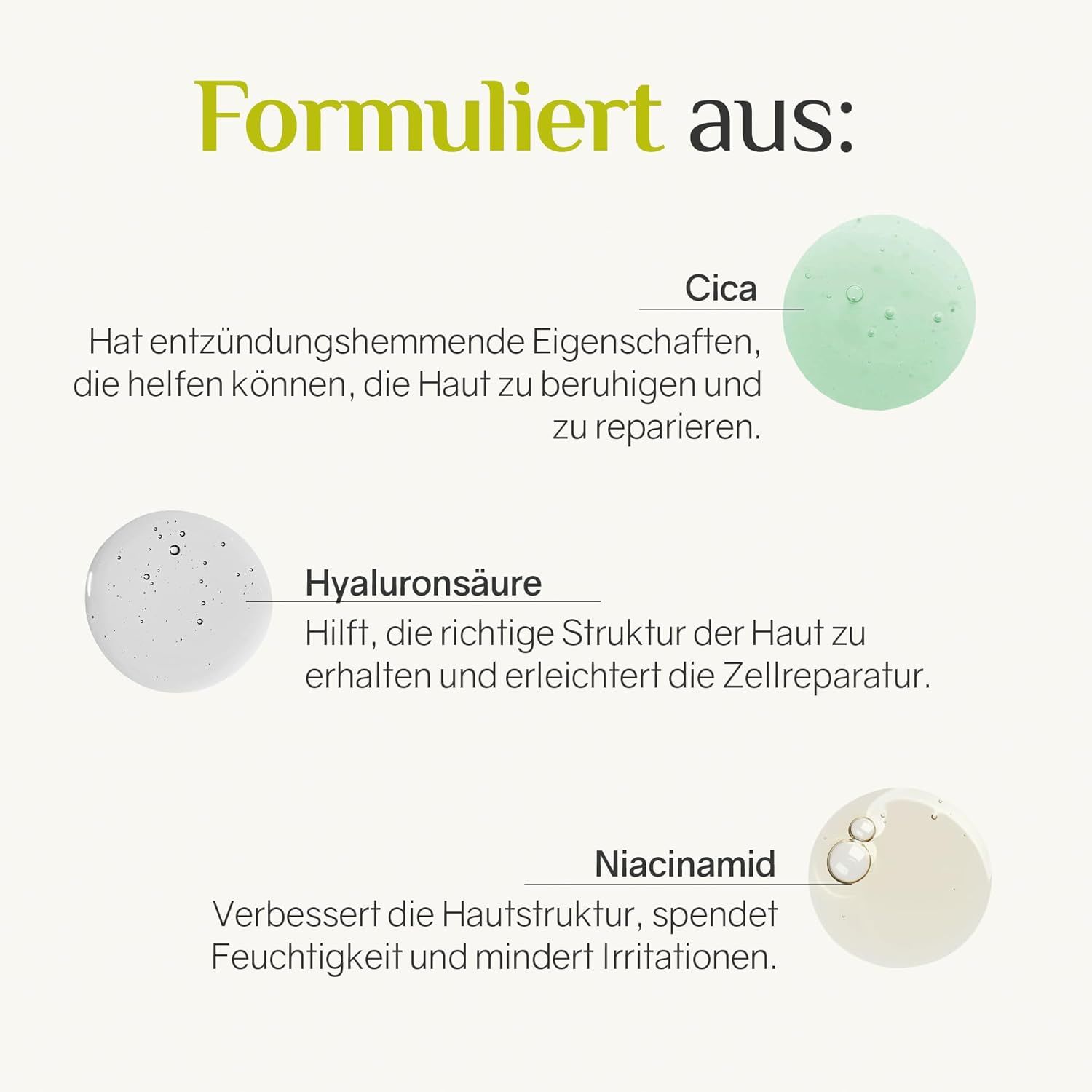 Grafica con ingredienti: Cica, acido ialuronico, niacinamide. Descrizioni delle proprietà e dei benefici.