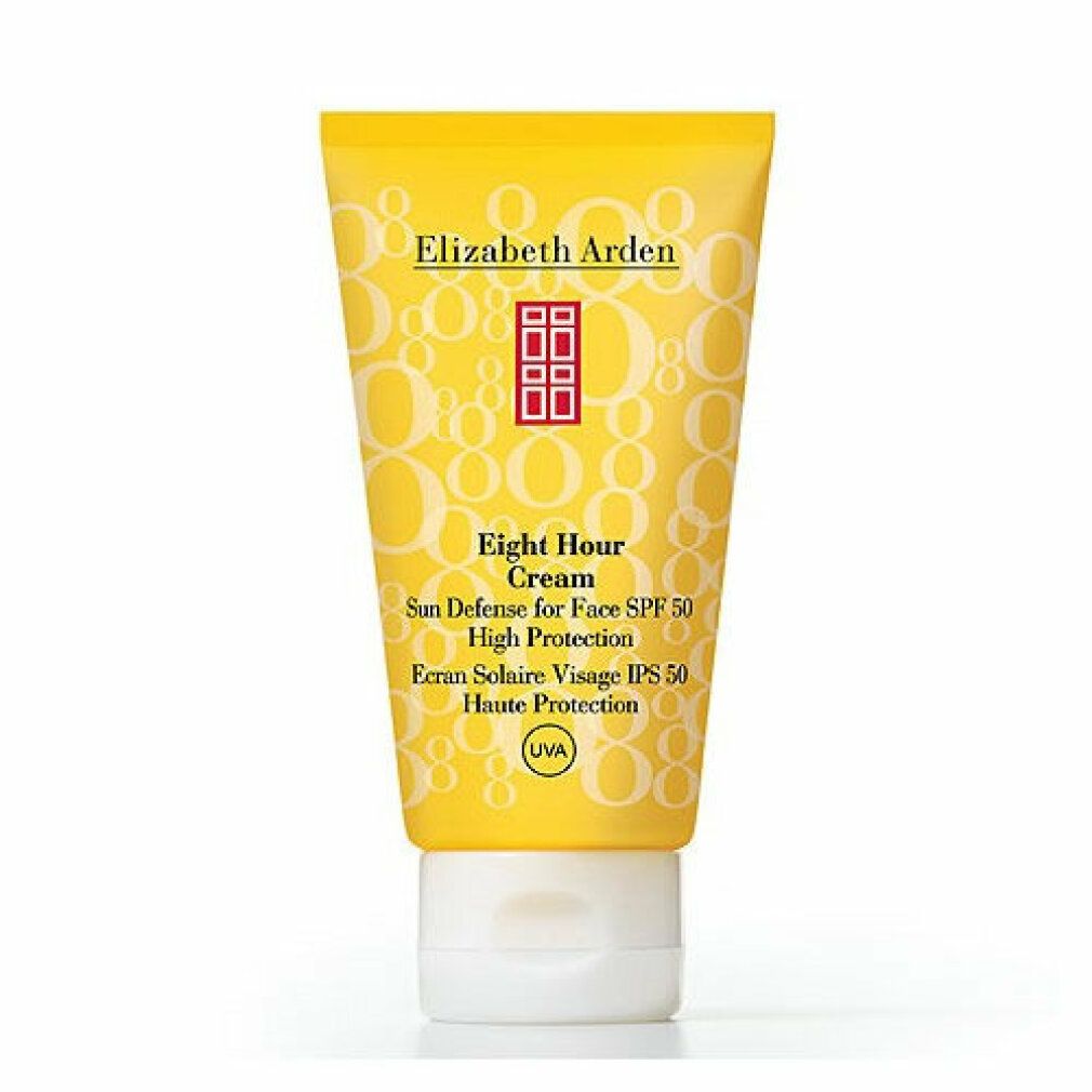 Tubo giallo con tappo bianco. Scritta: Elizabeth Arden, Eight Hour Cream, Sun Defense for Face SPF 50. Alta protezione solare.