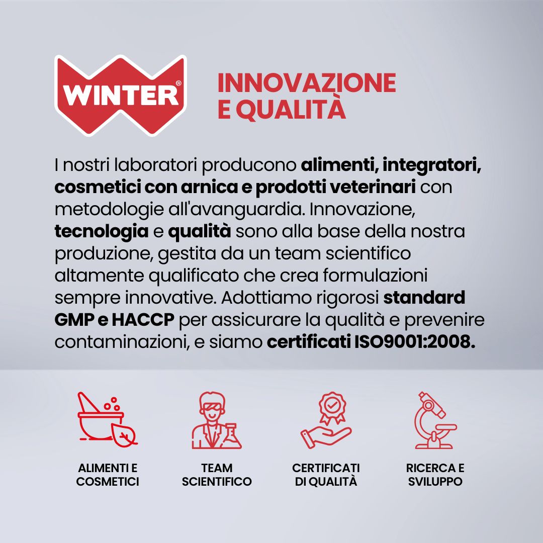 Logo Winter con testo 'Innovazione e Qualità'. Icone per alimenti, team, certificati e ricerca.