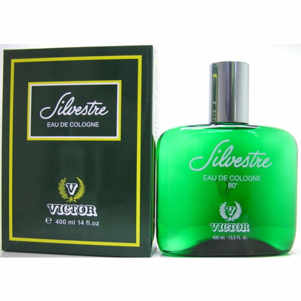 Flacone verde e scatola. Scritta Silvestre Eau de Cologne. Marchio Victor. Volume 400 ml.