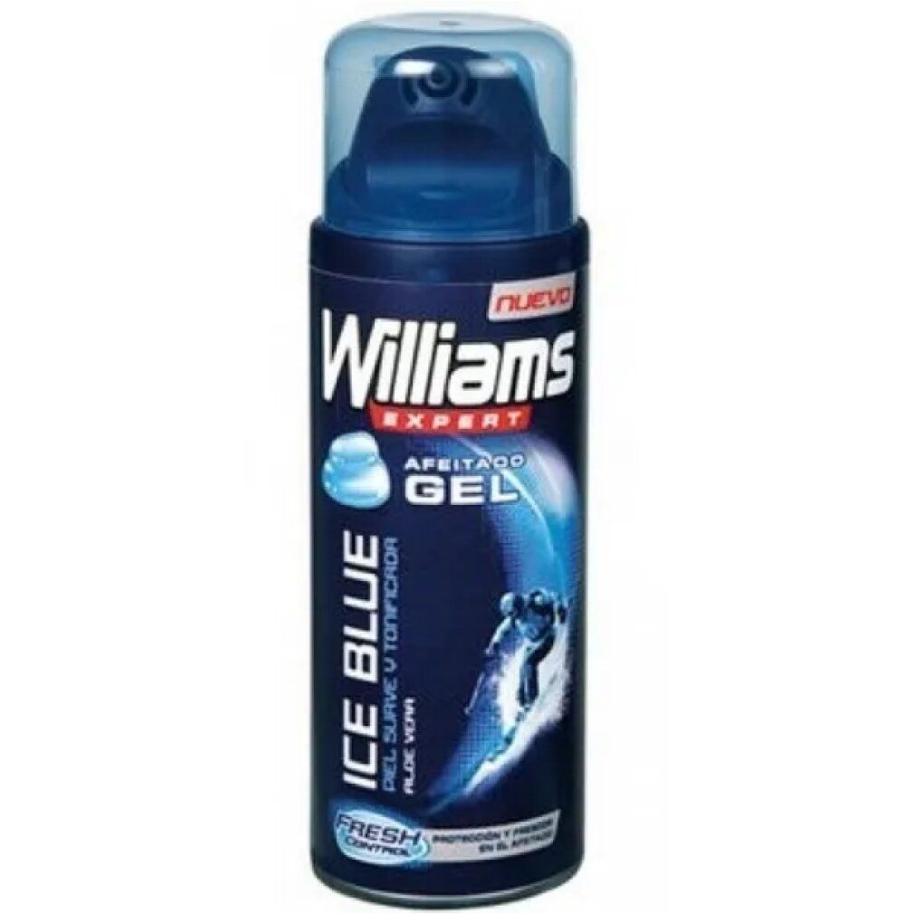 Gel da barba Williams Ice Blue in bomboletta blu. Con coperchio. Scritta: Williams Expert, Ice Blue, Gel.
