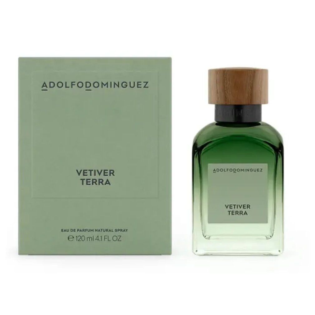 Scatola verde e flacone. Scritta: ADOLFODOMINGUEZ, VETIVER TERRA. Flacone con tappo in legno. 120 ml.