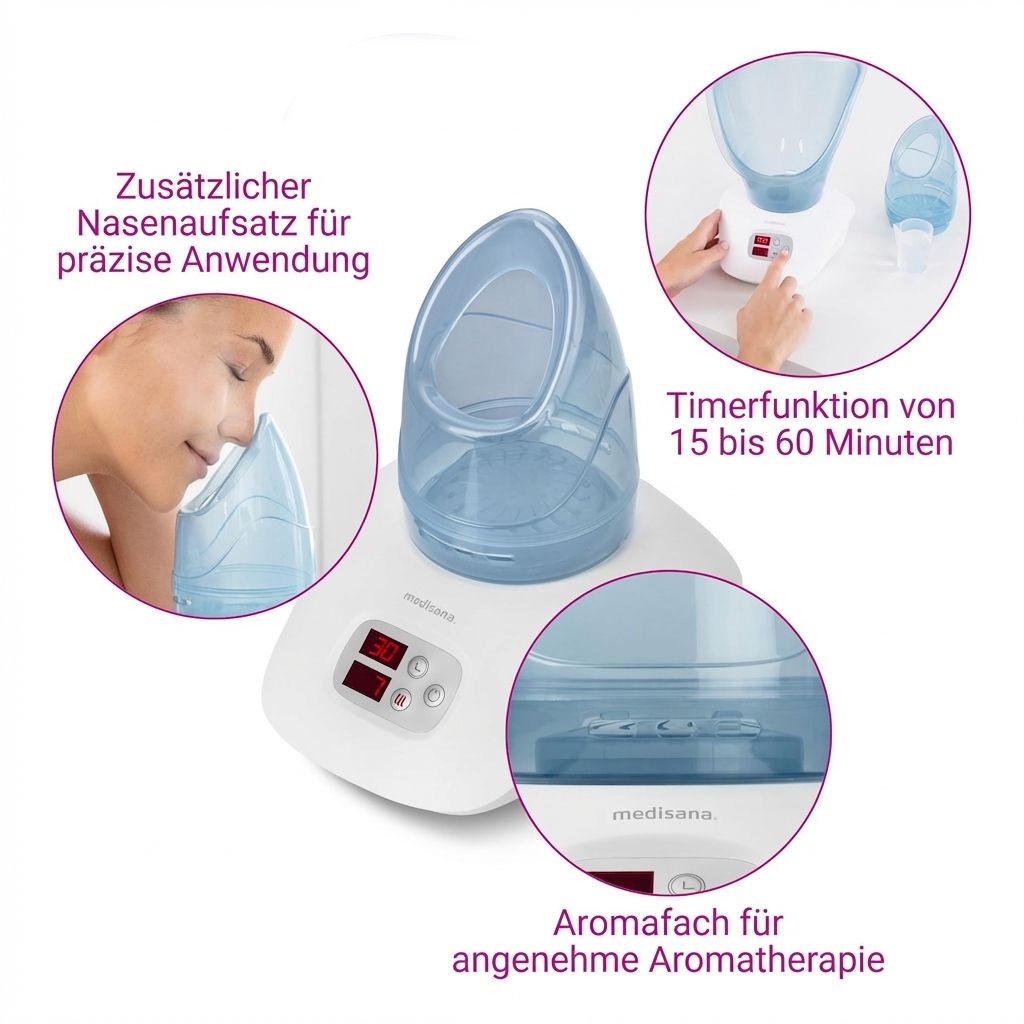 Sauna facciale con accessorio nasale, timer (15-60 min) e vano aroma.