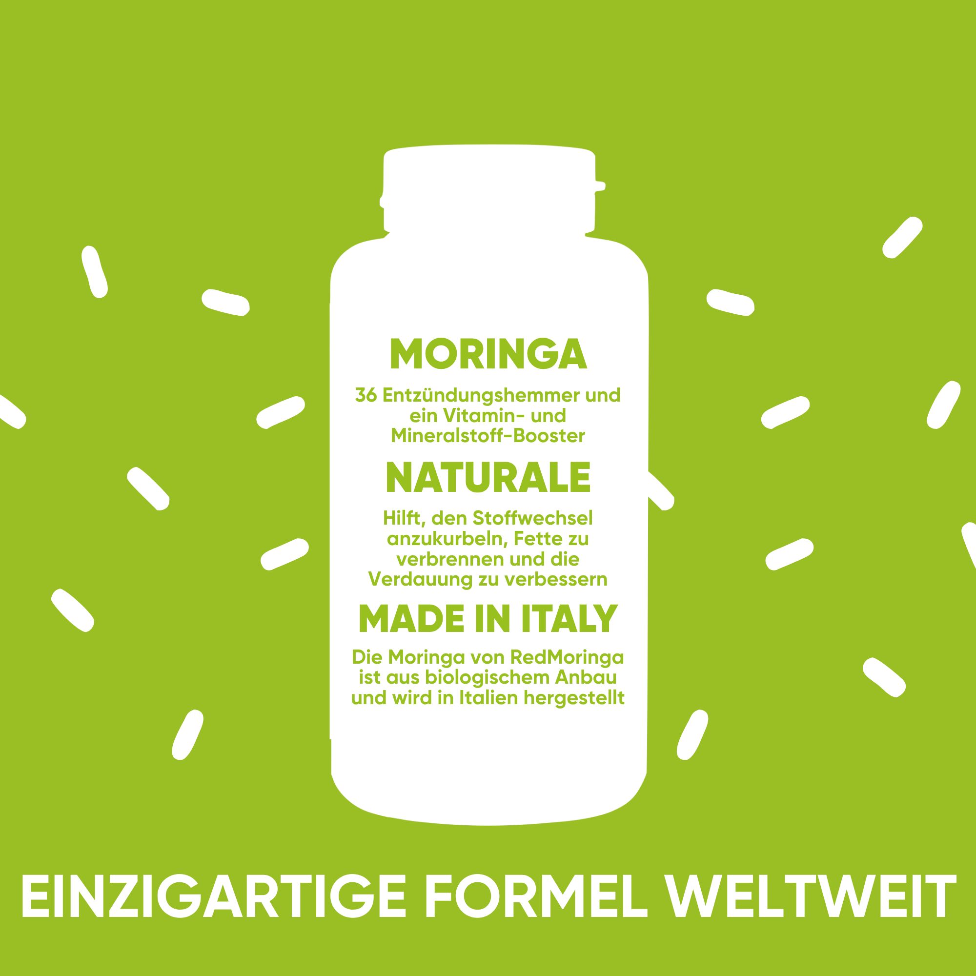Flacone di capsule di Moringa, Made in Italy, formula unica al mondo.