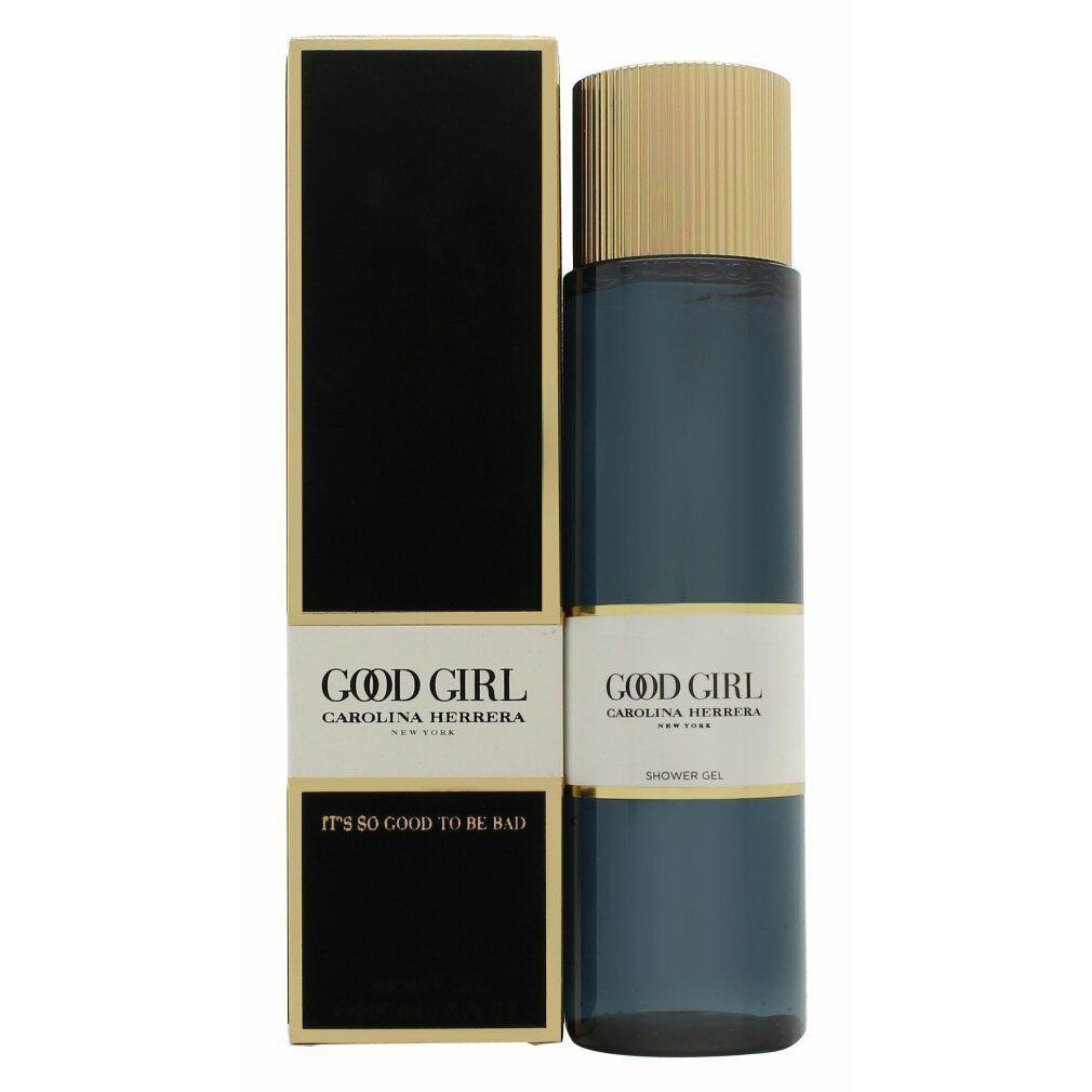 Flacone blu e oro e scatola. Scritta: GOOD GIRL, CAROLINA HERRERA, IT'S SO GOOD TO BE BAD.