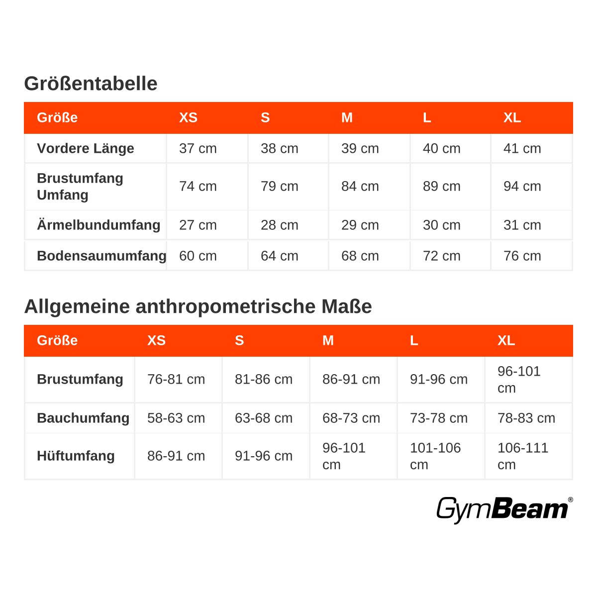 Tabella taglie per t-shirt da donna GymBeam con misure per lunghezza, circonferenza torace, manica e orlo.