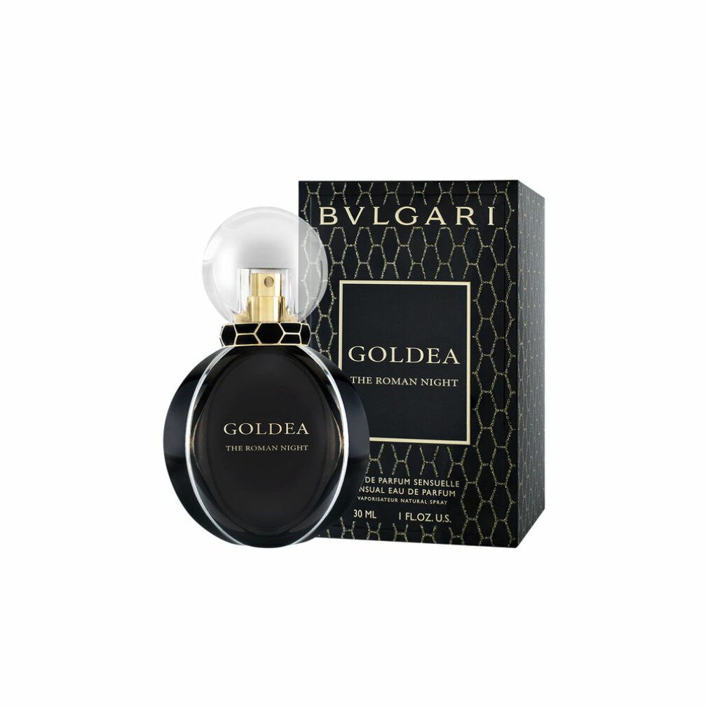 Flacone e confezione neri. Scritta: Bvlgari Goldea The Roman Night. 30 ml.