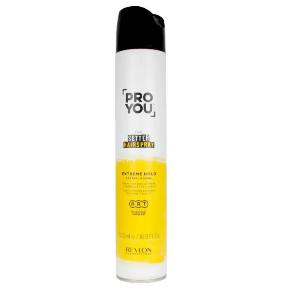 Bomboletta spray per capelli bianca e nera. Scritta: PRO YOU, THE SETTER HAIRSPRAY, EXTREME HOLD. Marchio: Revlon.