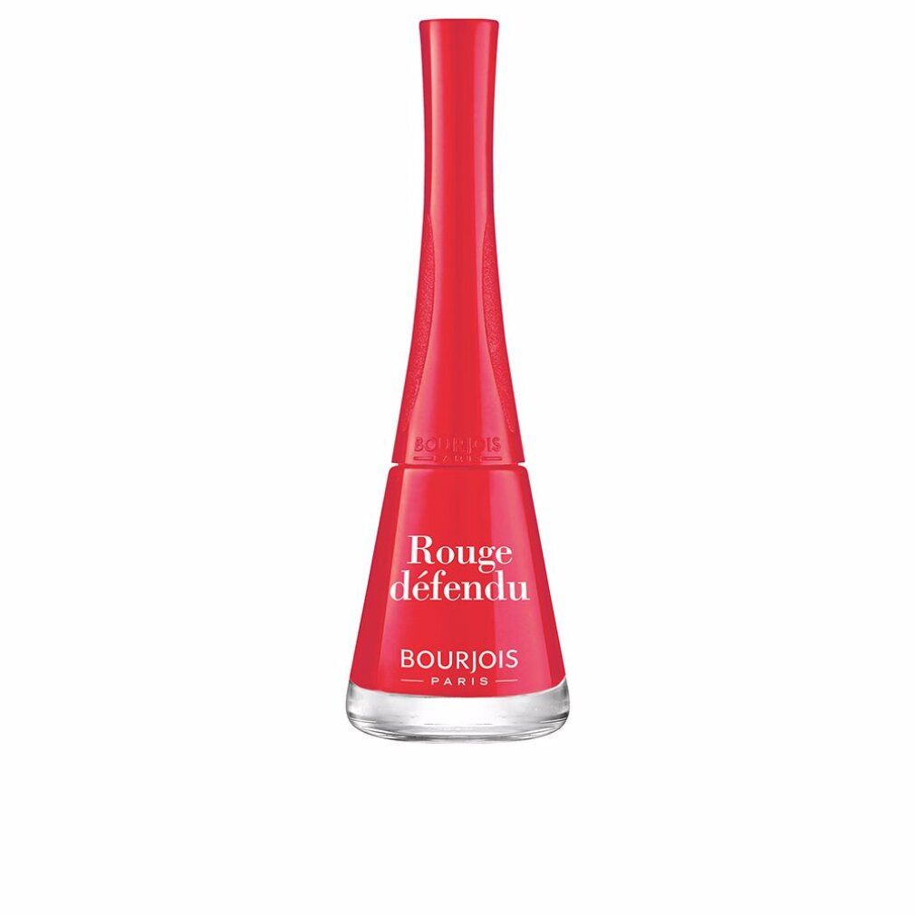Flacone di smalto rosso. Scritta: Rouge défendu, Bourjois Paris. Flacone in vetro, tappo rosso.