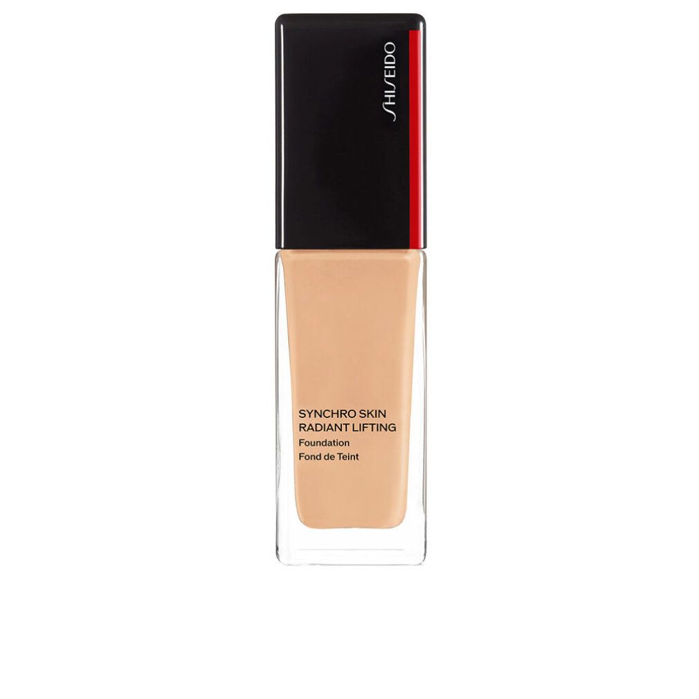 Flacone Shiseido Synchro Skin Radiant Lifting Foundation. Forma rettangolare, base trasparente, tappo nero con accento rosso. Testo.