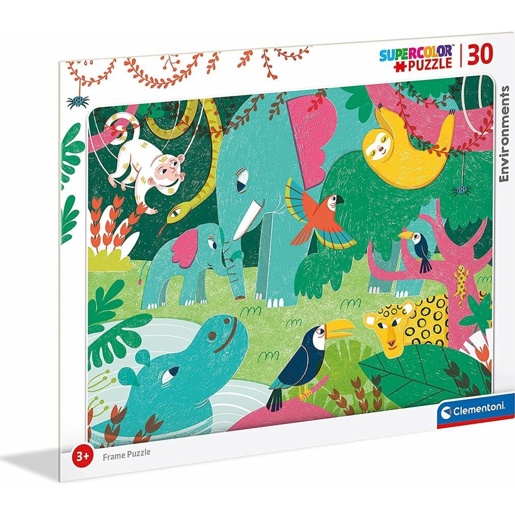Puzzle Clementoni da 30 pezzi. Tema: Giungla con animali. Scimmia, elefante, bradipo, pappagallo, bucero, leopardo. Puzzle con cornice. Età consigliata: 3+
