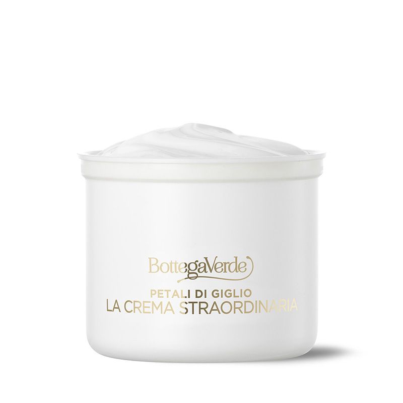 Vaso bianco con crema. Scritta: Bottega Verde, Petali di Giglio, La crema straordinaria.