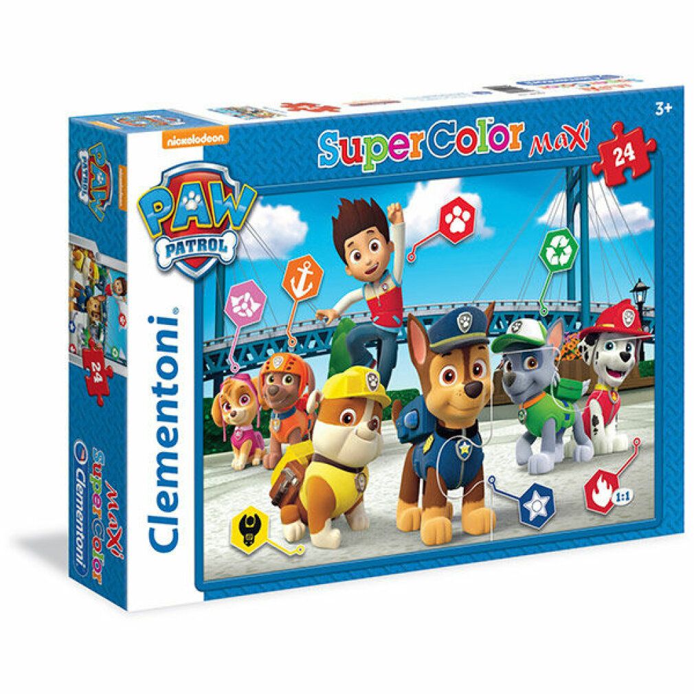 Scatola puzzle Paw Patrol. Scritta: Super Color Maxi, 24 pezzi. Marchio: Clementoni. Età consigliata: 3+.