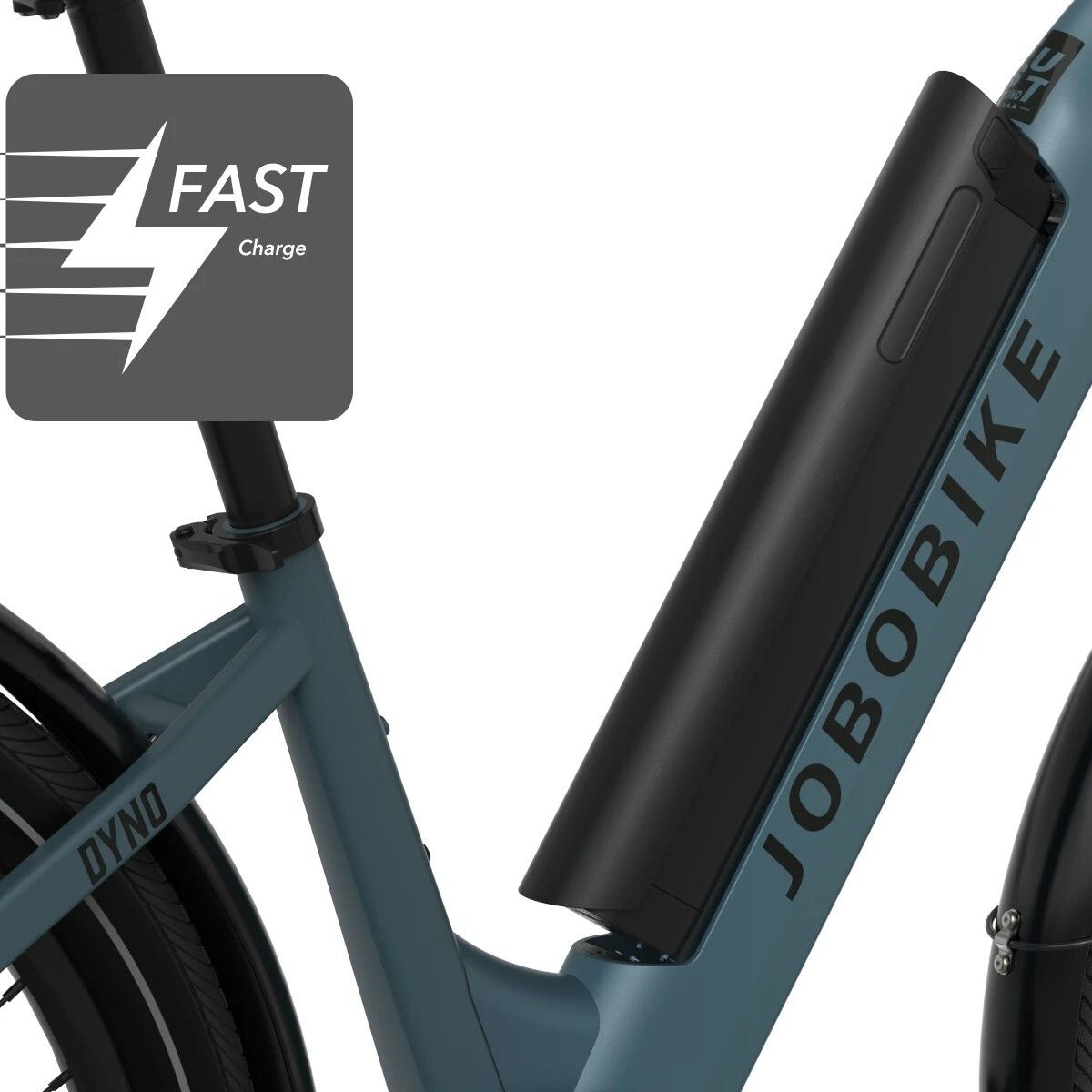 Primo piano del telaio di una e-bike blu. Logo JOBOBIKE e scritta DYNO. Batteria nera.