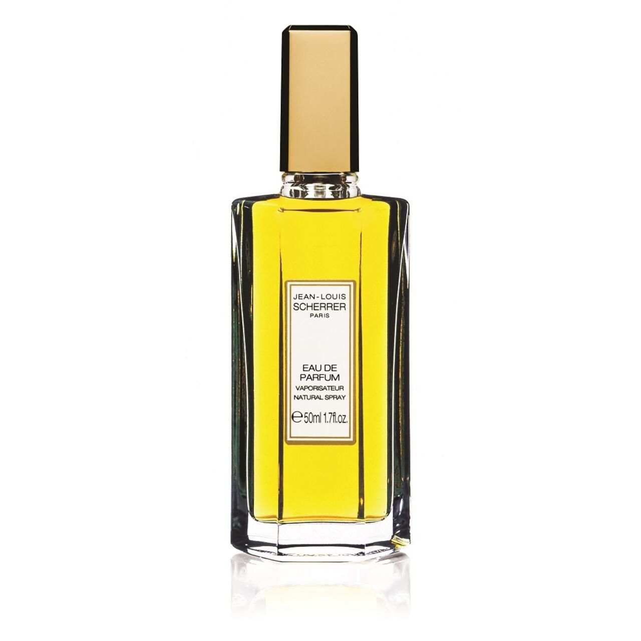 Flacone di profumo con tappo dorato. Scritta: Jean-Louis Scherrer Paris, Eau de Parfum, 50ml 1.7 fl.oz.
