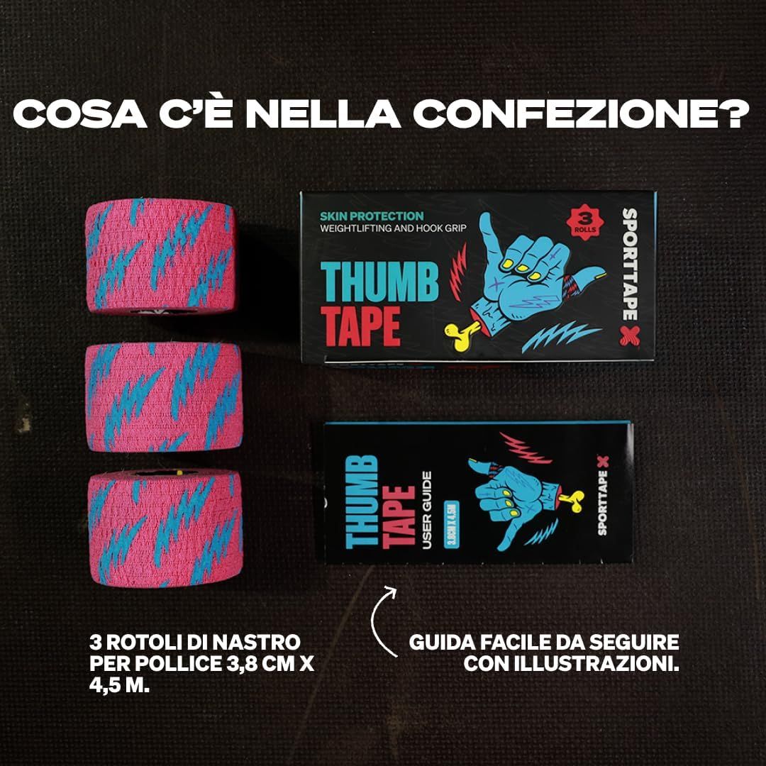 Tre rotoli di nastro per pollice rosa-blu su confezione nera con informazioni sul prodotto.