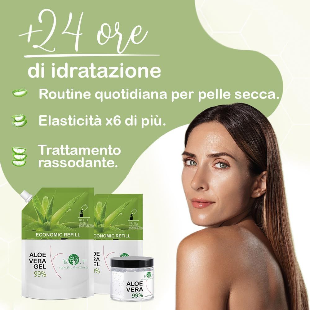 Gel Aloe Vera 99% in ricariche e vasetto. Donna con pelle liscia.