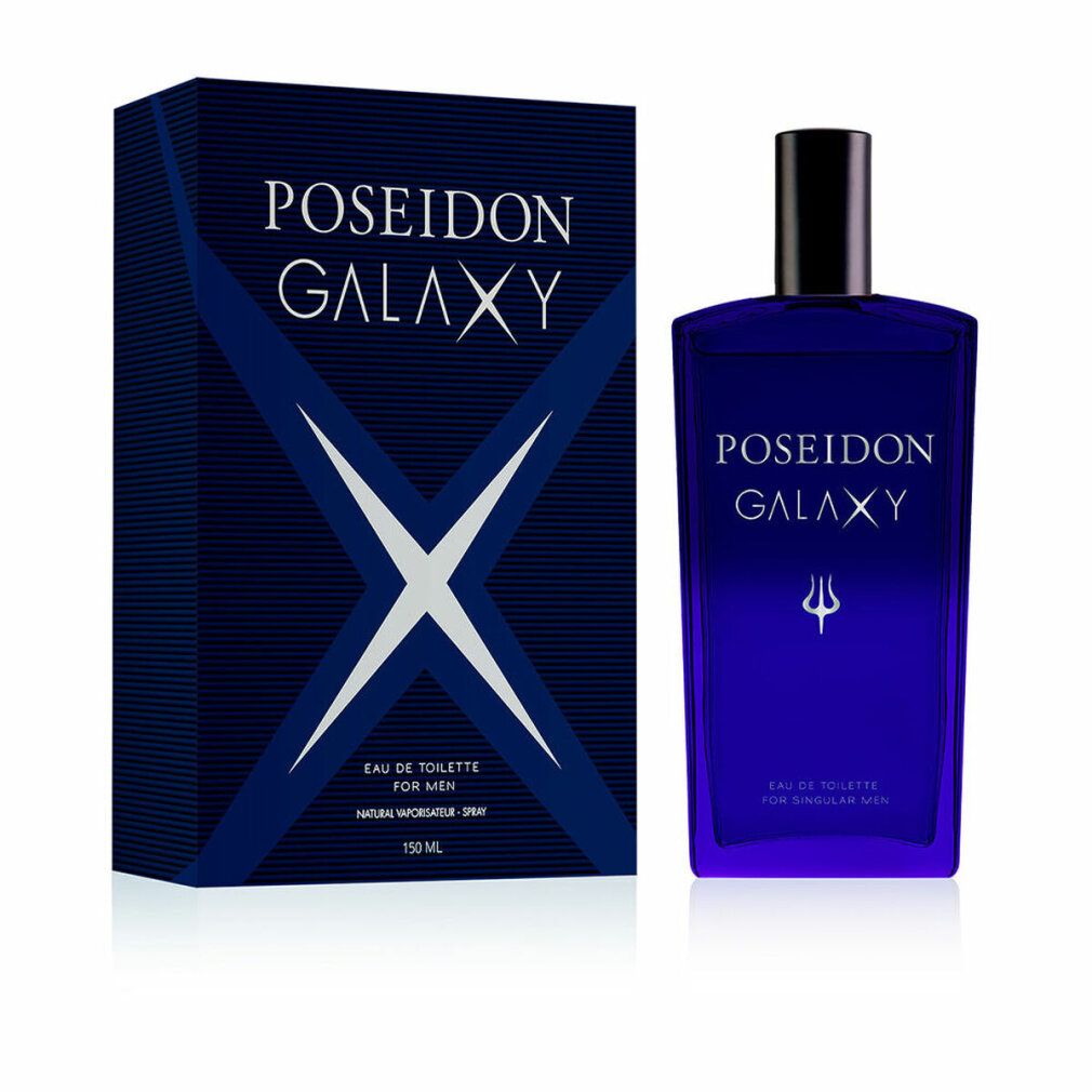 Flacone e scatola blu scuro. Scritta: Poseidon Galaxy. Eau de toilette per uomo. Tappo nero. Grafica X bianca.