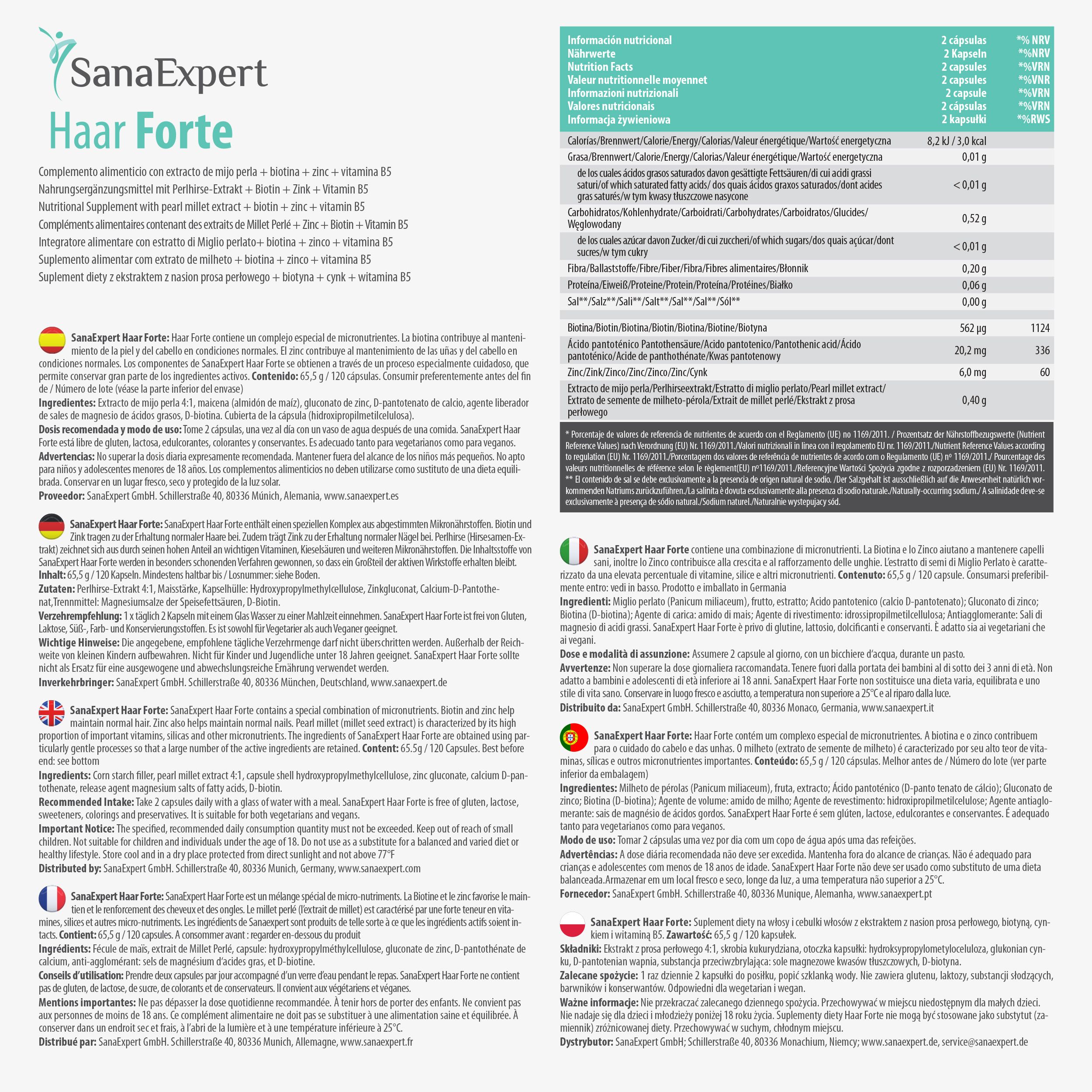 Foglio informativo per capsule SanaExpert Haar Forte con valori nutrizionali e istruzioni.