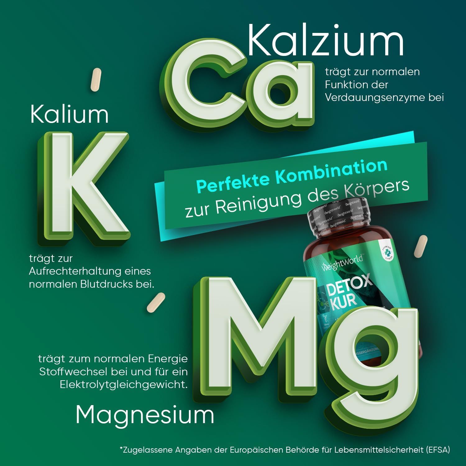 Grafica con calcio, potassio e magnesio. Flacone di Detox Kur. Testo: Combinazione perfetta per purificare il corpo.