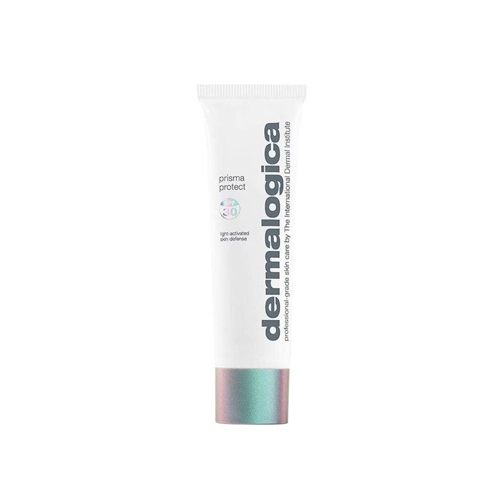 Tubo bianco con tappo argento-viola. Scritta: Dermalogica, prisma protect SPF30. Difesa della pelle attivata dalla luce.