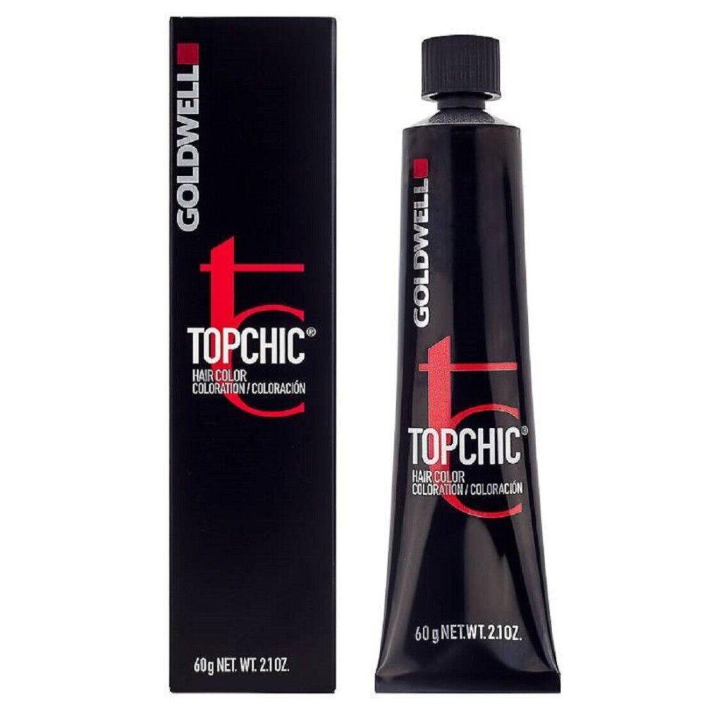 Goldwell Topchic colorazione per capelli. Tubo e scatola neri. Nome del prodotto e "HAIR COLORATION / COLORACIÓN". 60g NET WT. 2.1OZ.