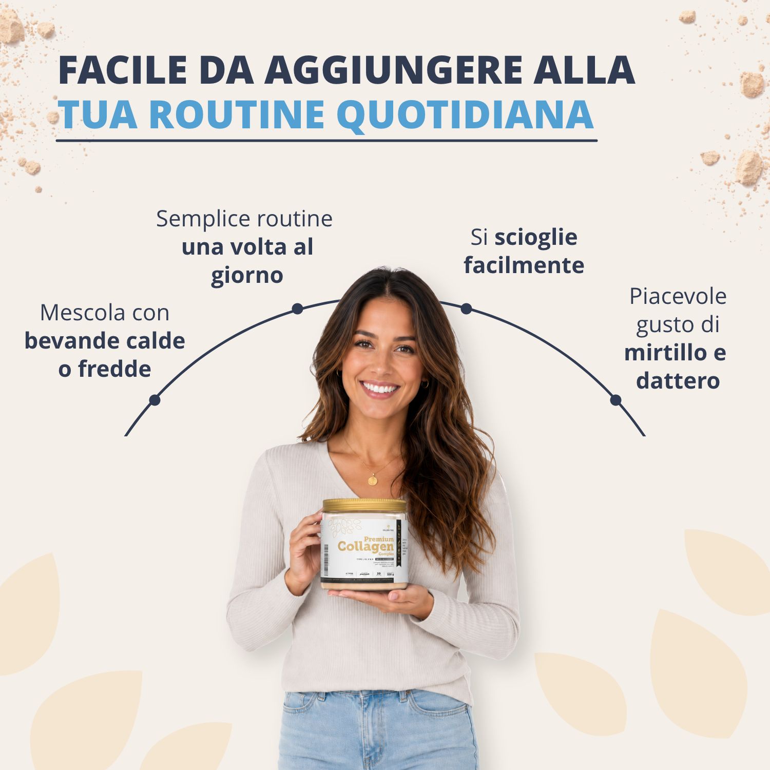 Donna che tiene Golden Tree Premium Collagen Complex, facile da aggiungere alla routine quotidiana.
