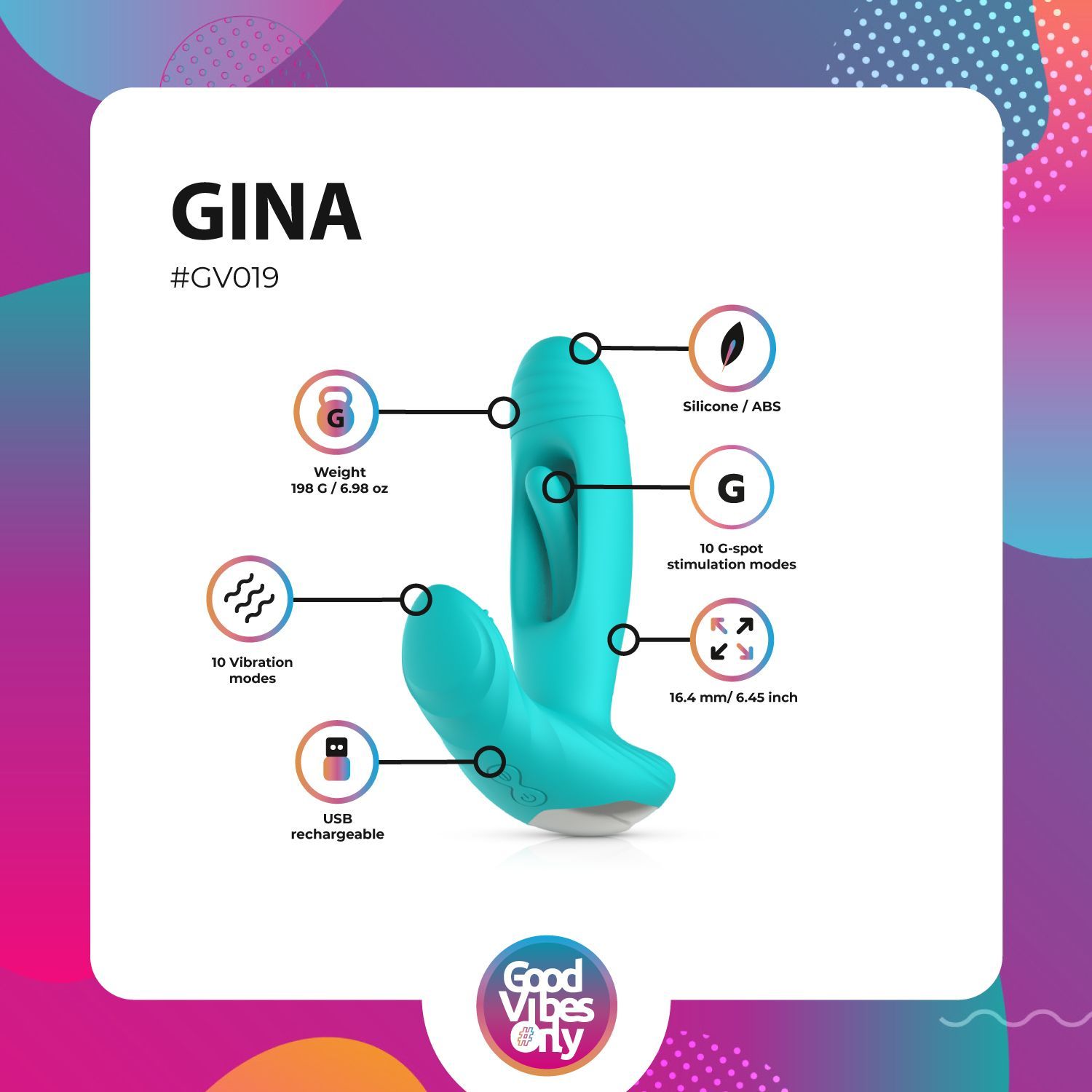 Infografica di "Gina". Mostra funzioni, materiale, peso, modalità di vibrazione e modalità punto G.