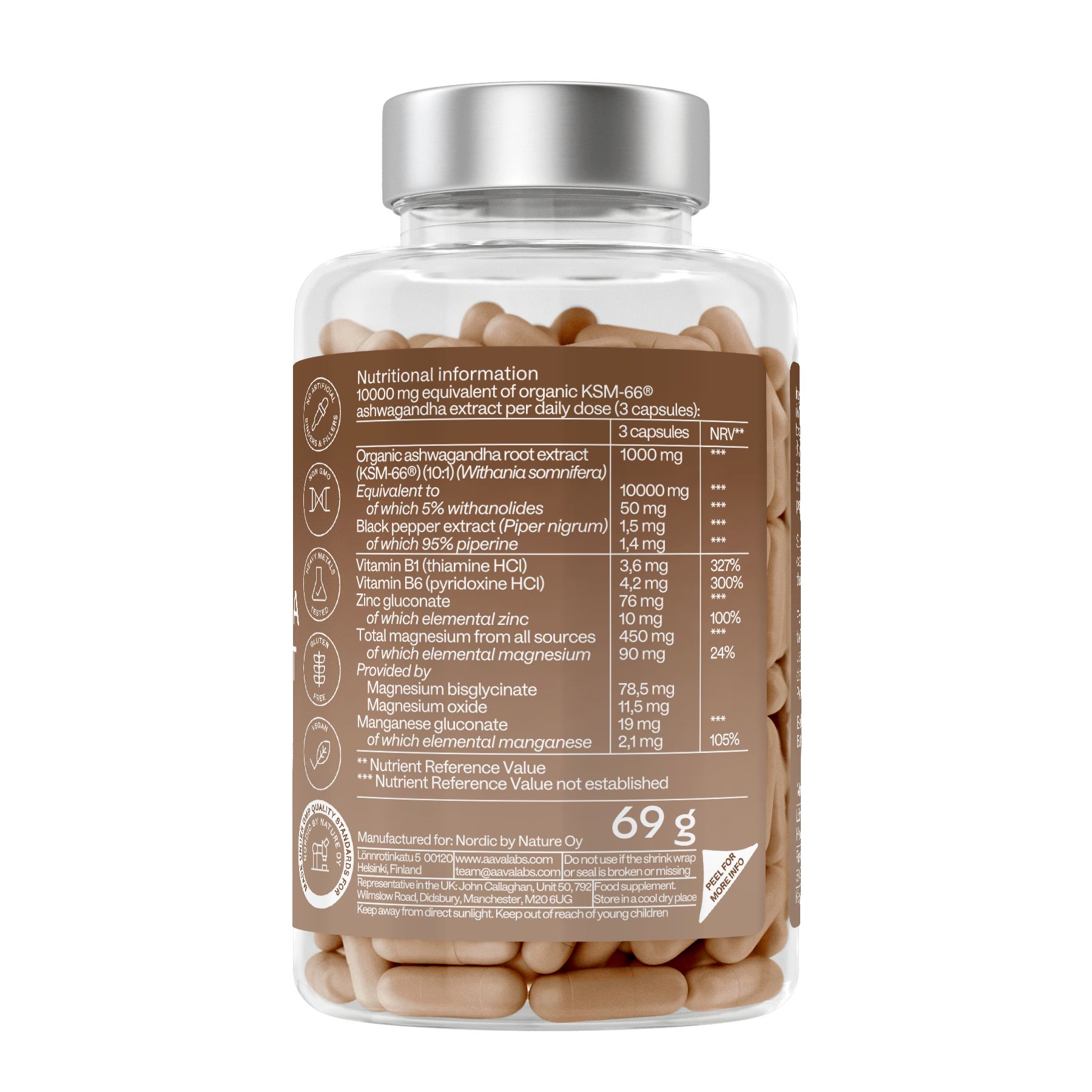 Retro del flacone con etichetta marrone. Contiene informazioni nutrizionali e ingredienti. Coperchio argentato.