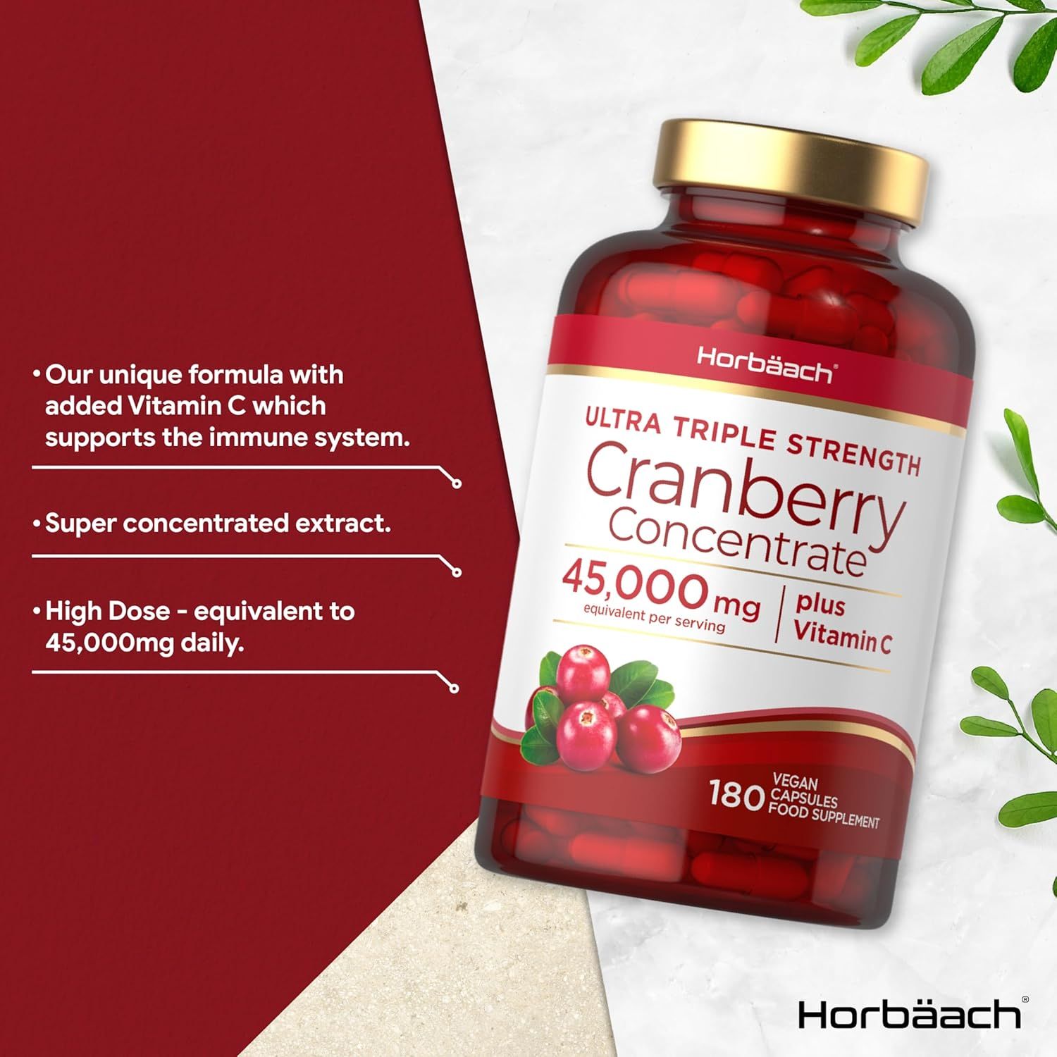 Capsule rosse in bottiglia. Scritta: Cranberry Concentrate 45.000mg + Vitamina C. 180 capsule.