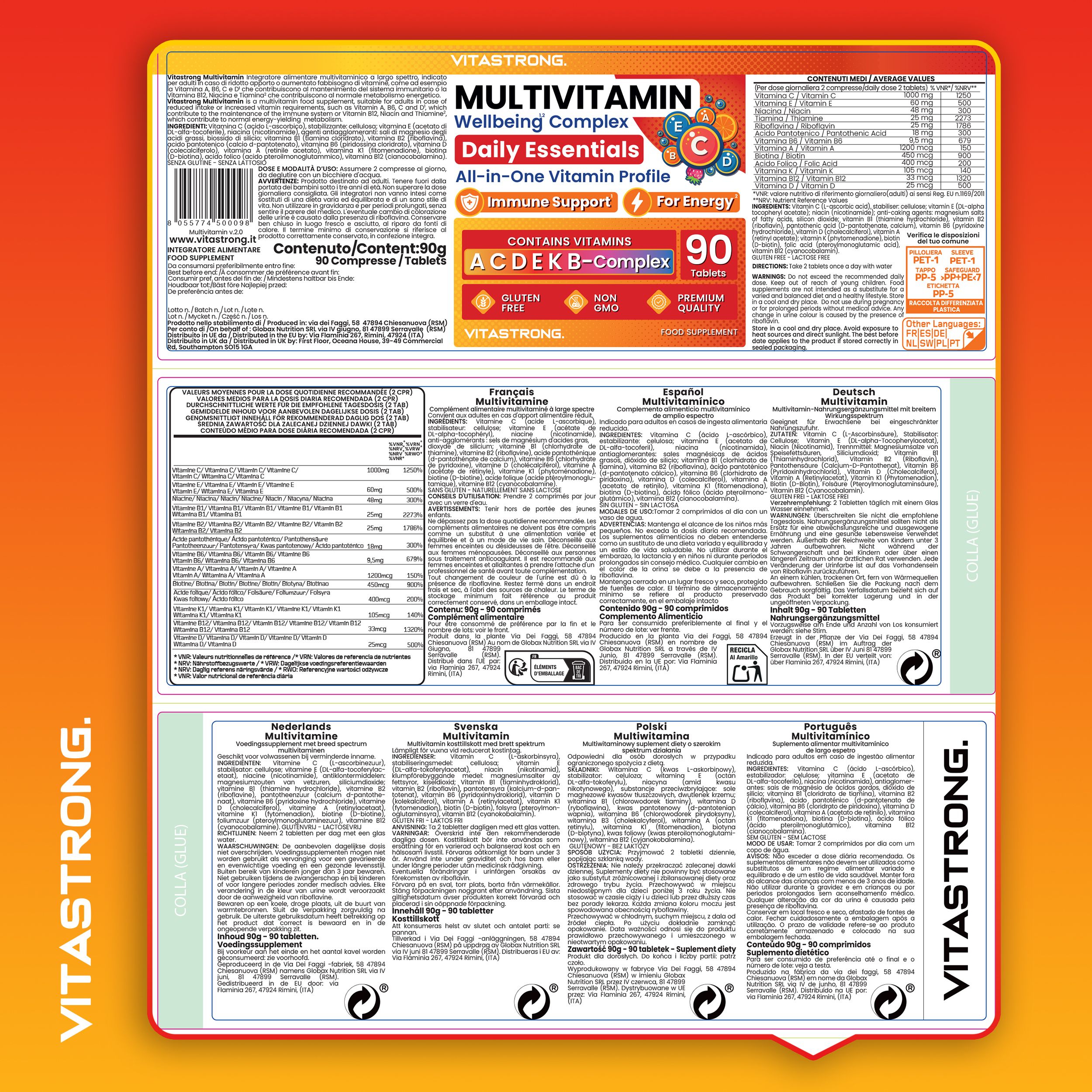 Confezione Vitastrong Multivitamin. Testo multilingue. Contiene 90 compresse. Ingredienti, informazioni nutrizionali.