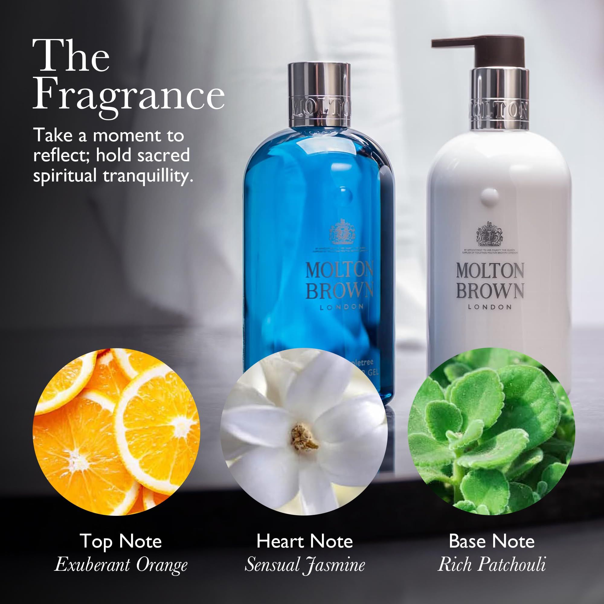 Due flaconi di lozione per il corpo, uno blu, uno bianco. Illustrazioni degli ingredienti: arancia, gelsomino, patchouli. Testo: Top Note, Heart Note, Base Note.