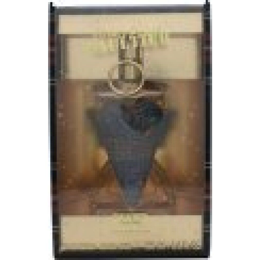Flacone di profumo in confezione regalo. Flacone a forma di corsetto con motivo blu. Dettagli dorati. Marchio e nome del prodotto visibili.