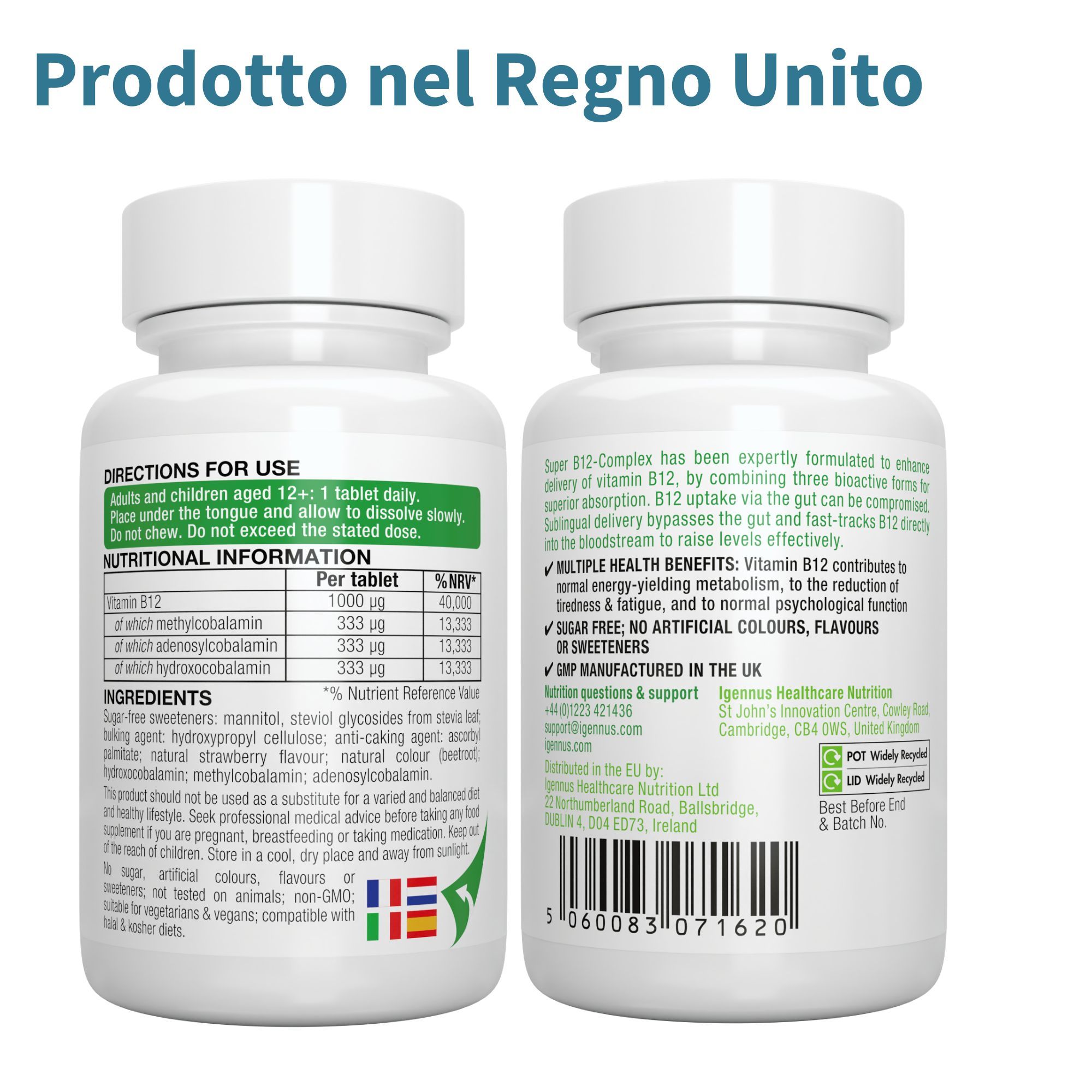 Due lati di un flacone bianco. Testo: Super B12-Complex, 1000mcg. Ingredienti, uso, informazioni nutrizionali.