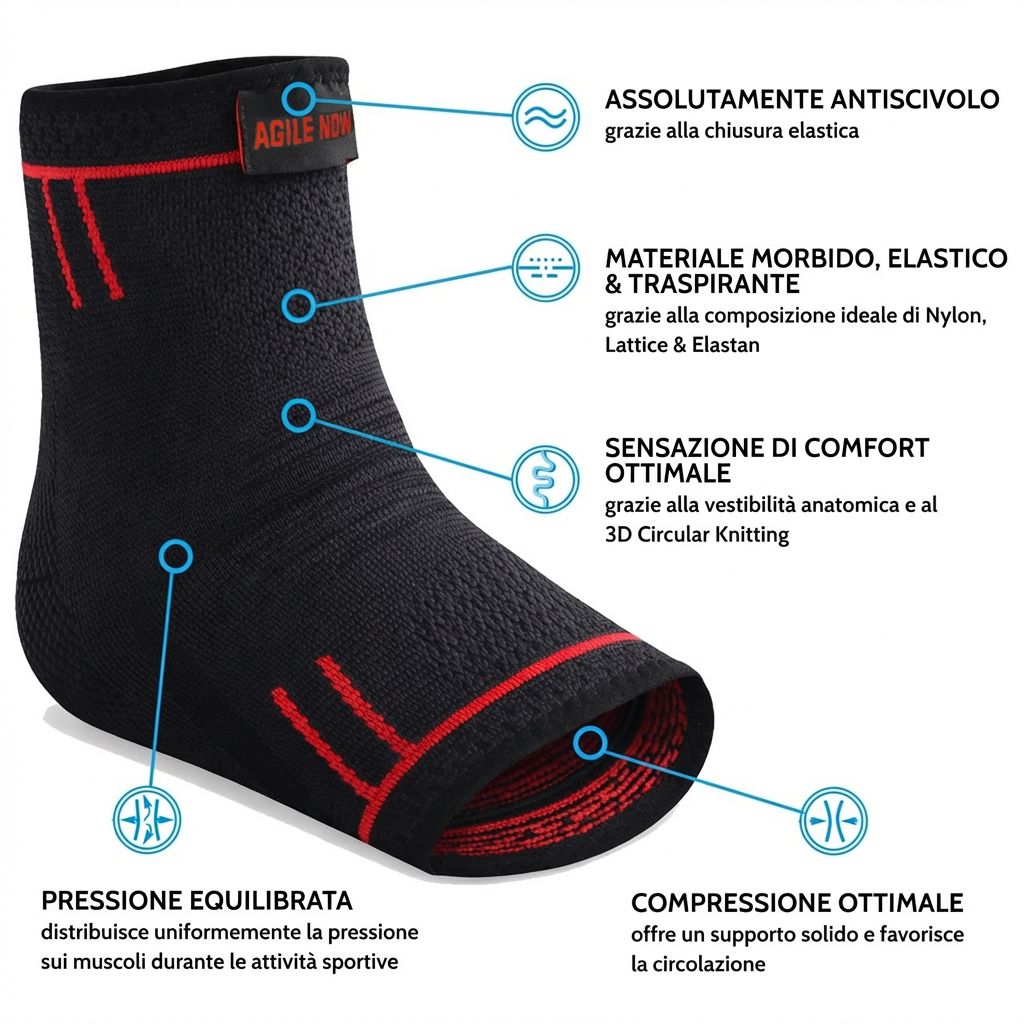 Cavigliera nera con dettagli rossi. Testo: AGILE NOW. Tabella taglie: M, L, XL. Misura della circonferenza della caviglia.