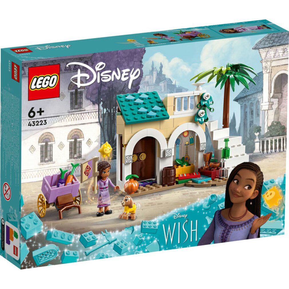 LEGO Disney Wish 43223. Set con mini bambolina Asha, edificio, carretto, animali e accessori. Confezione con logo ed età consigliata.