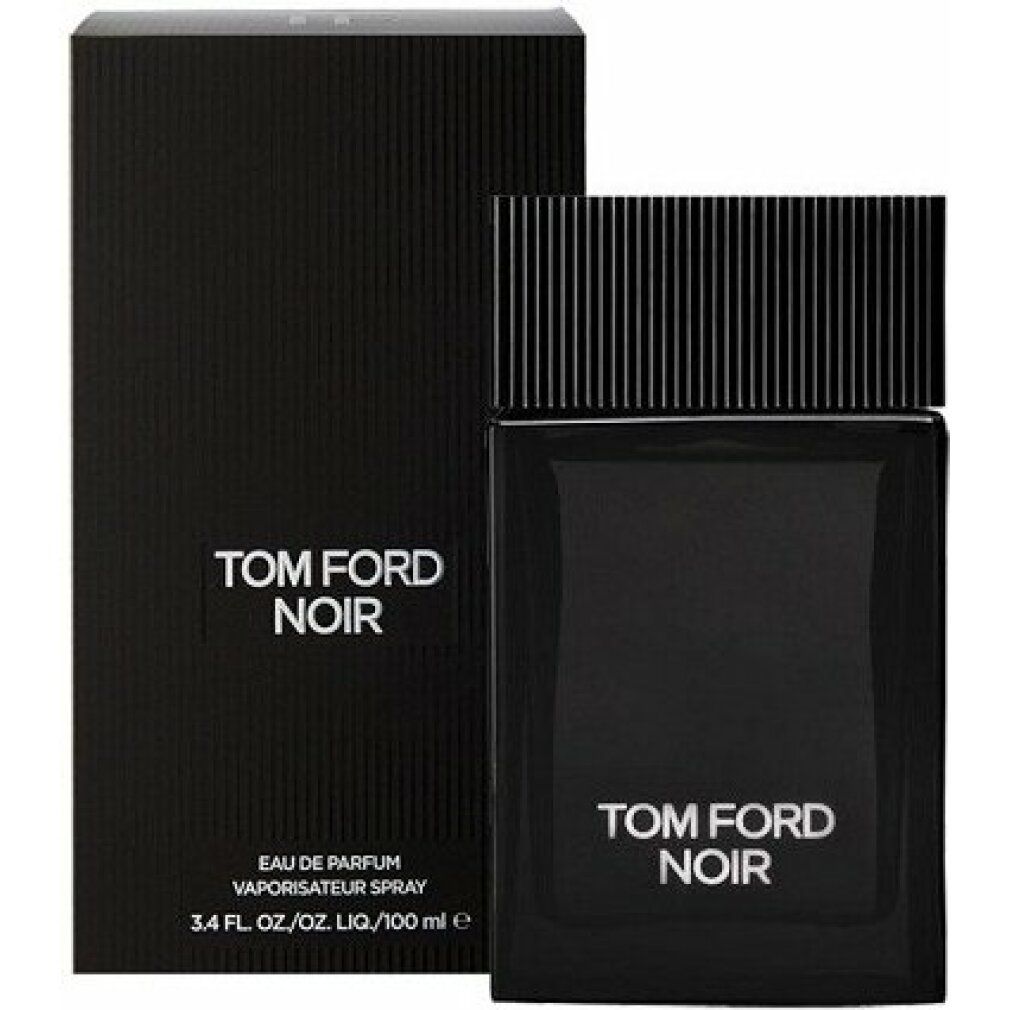 Flacone nero e confezione. Scritta TOM FORD NOIR in bianco. Testo sulla confezione.