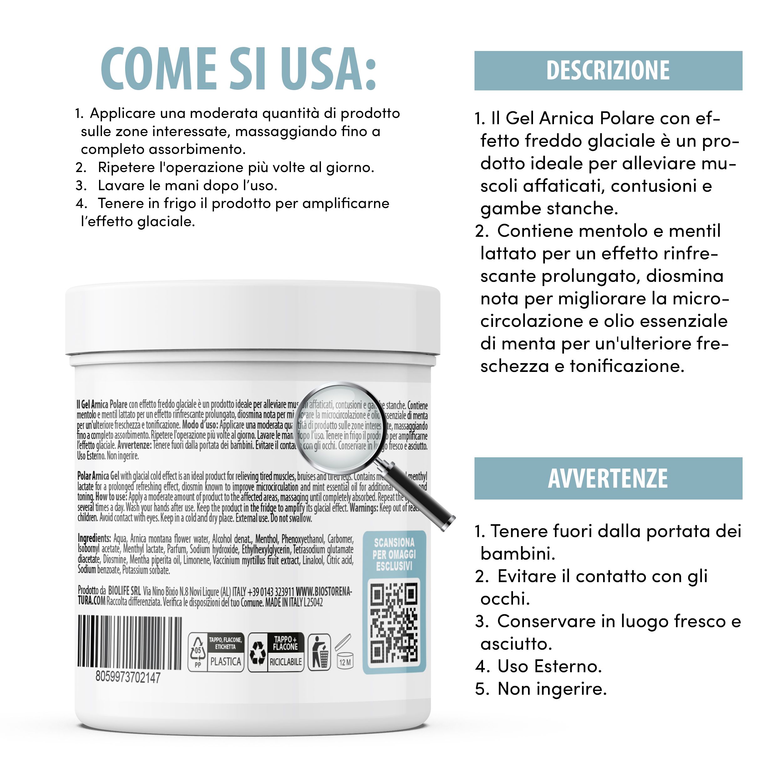 Vaso di prodotto bianco con testo e istruzioni. Testo: Gel Arnica Polare, descrizione, uso, avvertenze. Codice QR.