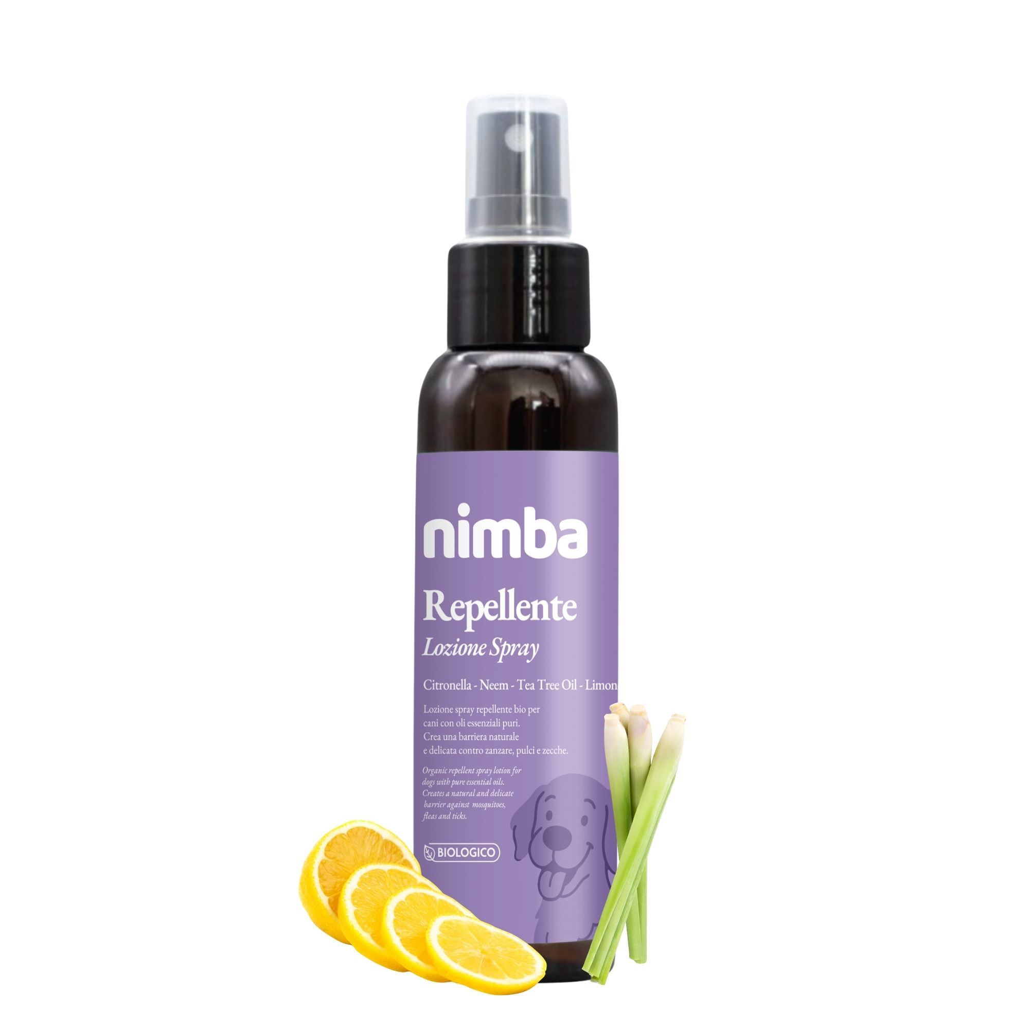 Flacone spray marrone con etichetta viola. Scritta: nimba Repellente Lozione Spray. Rappresentati limone, citronella e un cane.